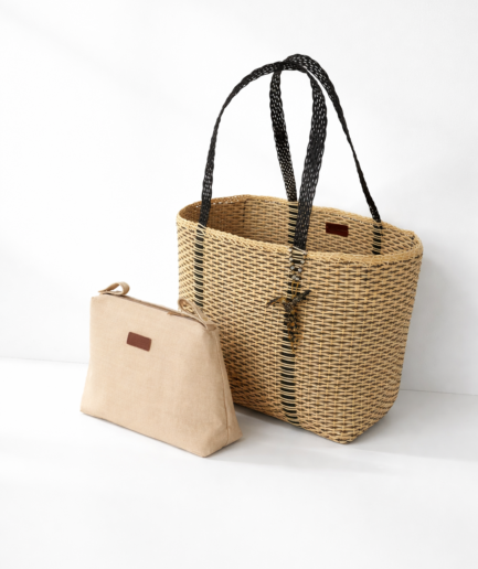Beige Tonal Basket Bag and Cooler Pouch Set